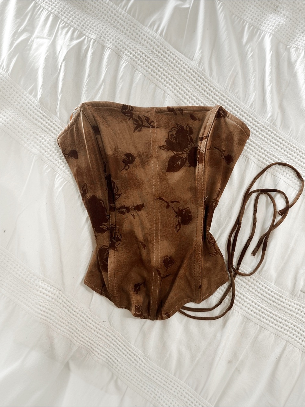 Brown Floral Corset Bodysuit - Women's Strap Tie Bustier